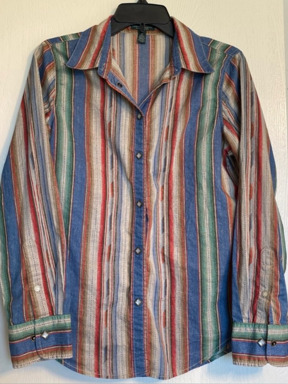 Lauren Ralph Lauren Striped Pearl Snap Cotton Button Shirt Multi Color Women M